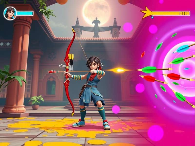 Bow Hero India gameplay screenshot showing a character aiming a bow in a vibrant Indian setting